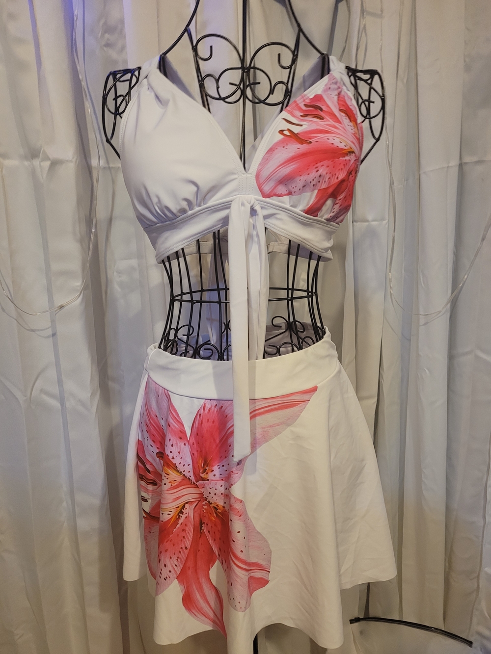 Amazon White Bikini Top and Skirt Set with Pink Floral Print